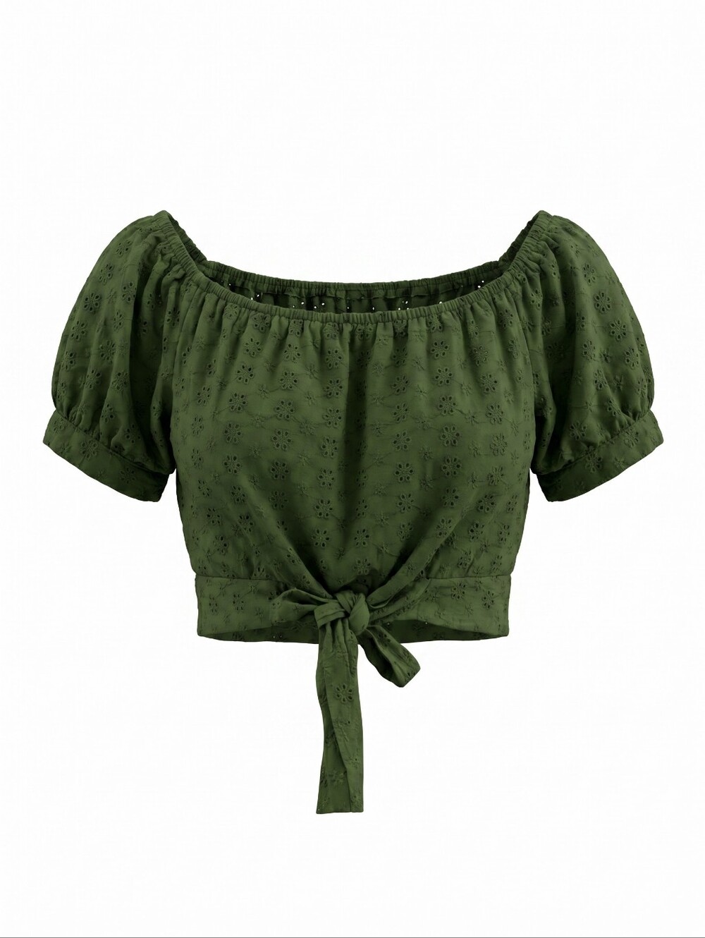 Rose Elegant Green Eyelet Off-Shoulder Cropped Blouse Feminine Boho XL